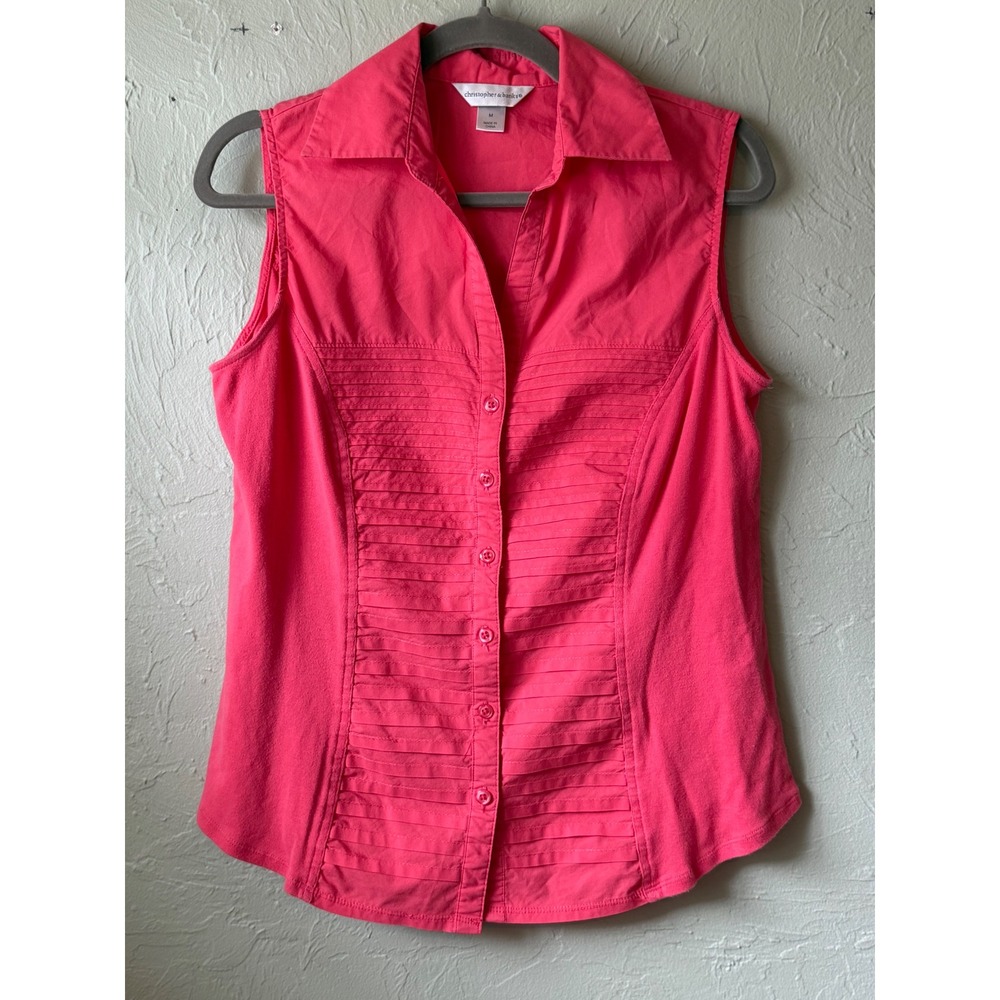 Christopher & Banks Womens Medium Pink Sleeveless Pintuck Button Down Shirt Top